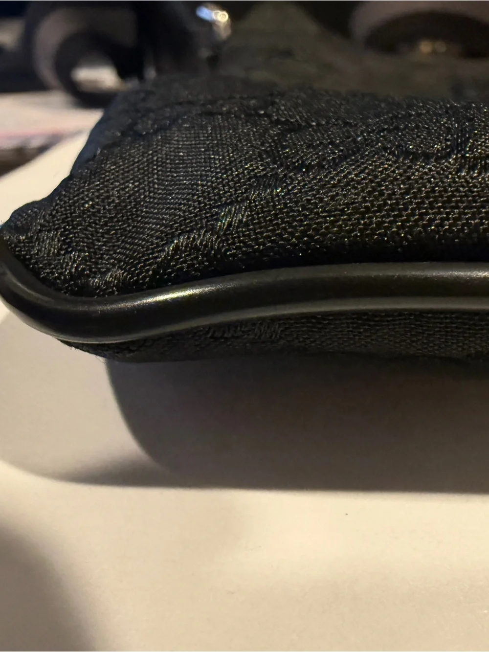 Authentic Gucci Black GG Monogram Messenger Bag with Striped Strap